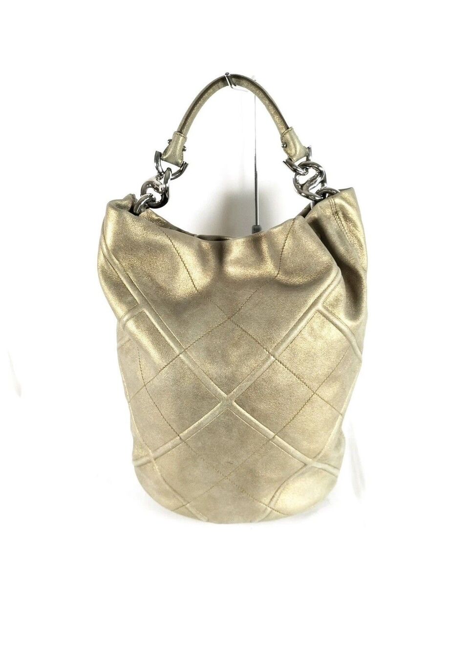 Authentic Salvatore Ferragamo Gold Quilted Leather Hobo Shoulder Bag /121
